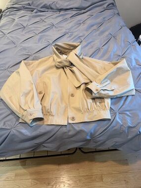 Women's Beige Cropped Jacket with Neck Tie